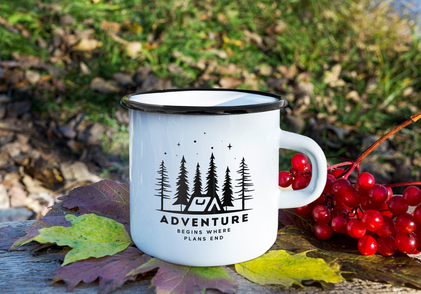 Adventure Camping Mug, Inspirational Quote, Outdoor-Lover Gift, Outdoor Enthusiast Travel Mug, RV Kitchenware,Forest Trees Stars Graphic Mug - Trails & Tails Supply Co.