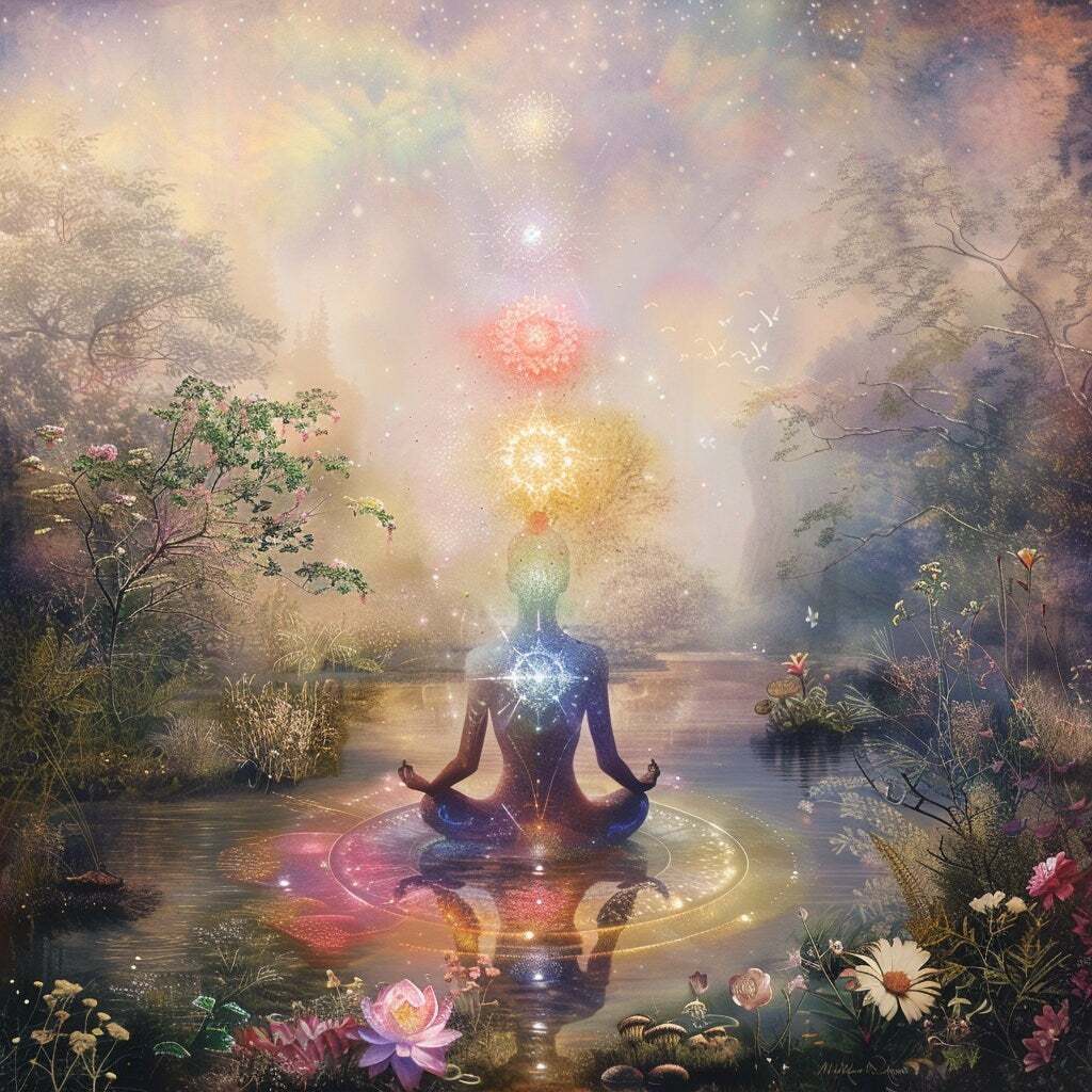 Ascending Chakras Meditation Art: Mystical Lotus Pond Canvas - Spiritual Wall Decor for Yoga and Healing - Trails & Tails Supply Co.