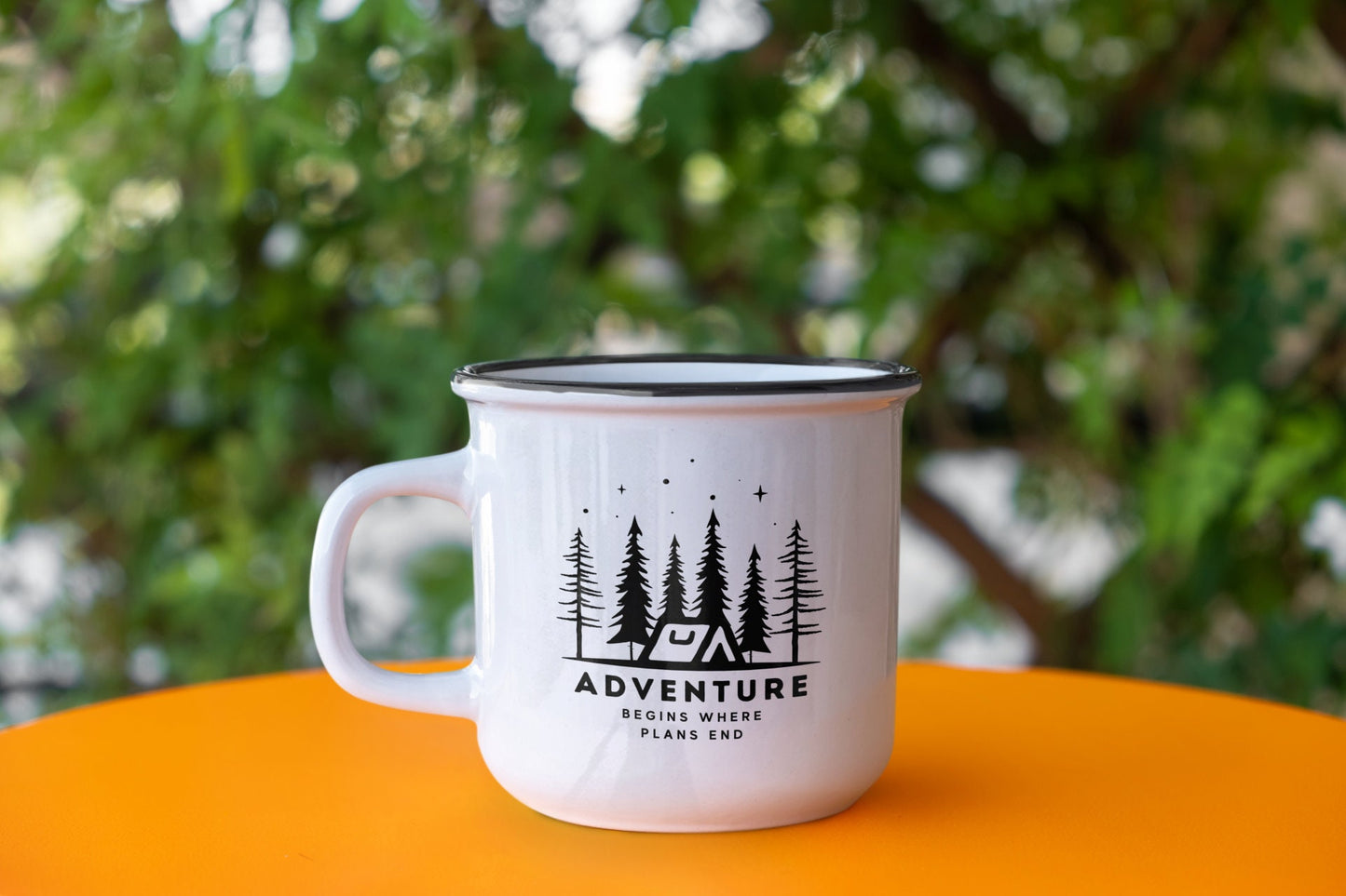 Adventure Camping Mug, Inspirational Quote, Outdoor-Lover Gift, Outdoor Enthusiast Travel Mug, RV Kitchenware,Forest Trees Stars Graphic Mug - Trails & Tails Supply Co.