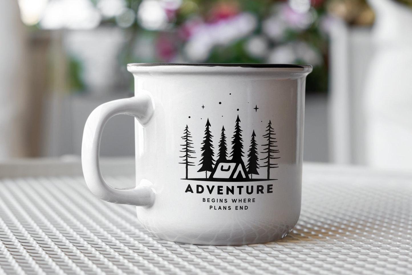 Adventure Camping Mug, Inspirational Quote, Outdoor-Lover Gift, Outdoor Enthusiast Travel Mug, RV Kitchenware,Forest Trees Stars Graphic Mug - Trails & Tails Supply Co.